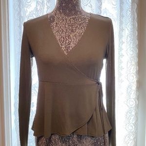 Army Green Cross Tie V-Neck Blouse w/ Ruched Cuff